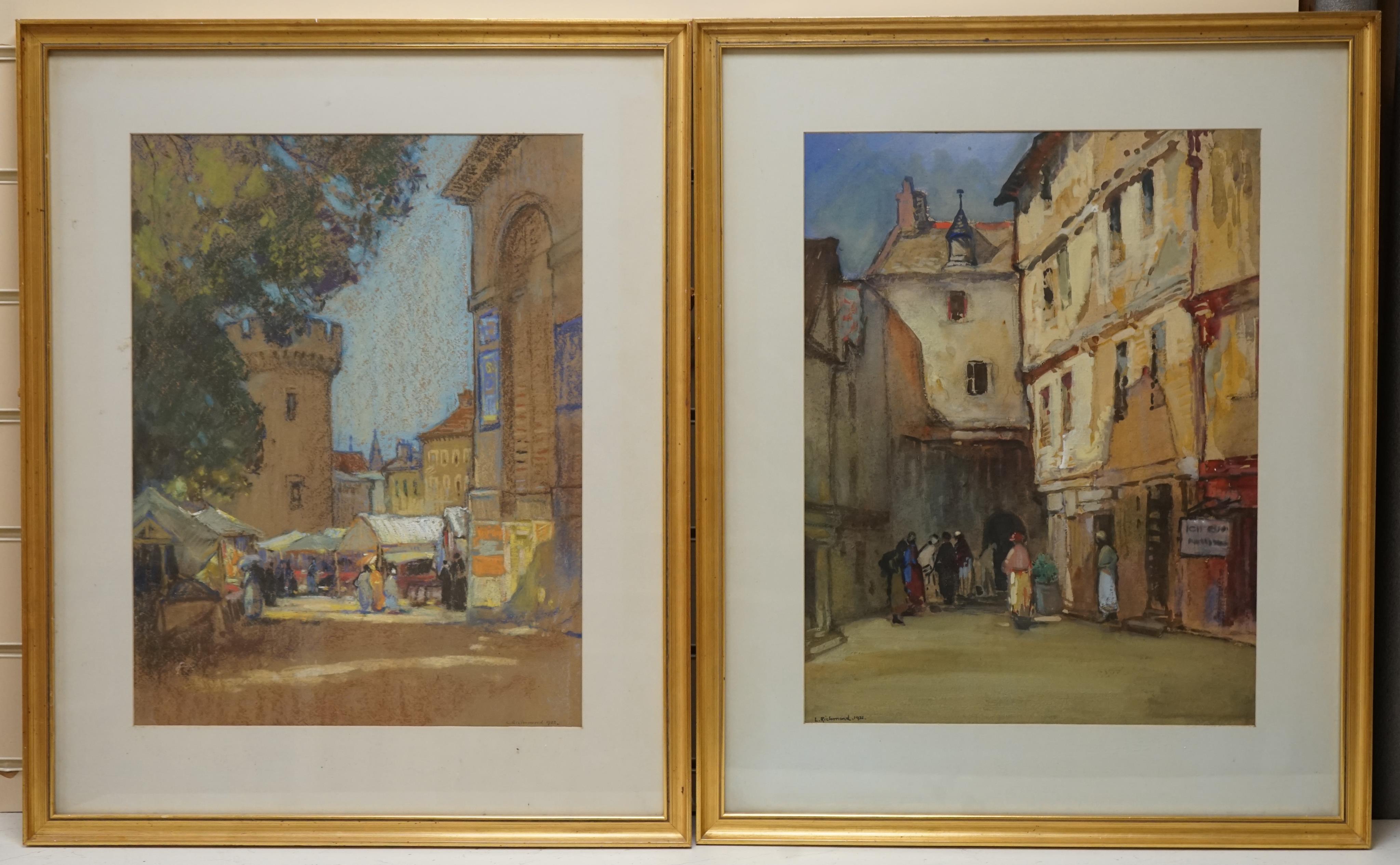 Leonard Richmond (1889-1965), pair of gouaches and pastels, Street scenes with figures, each signed and dated 1922, 48 x 37cm. Condition - good